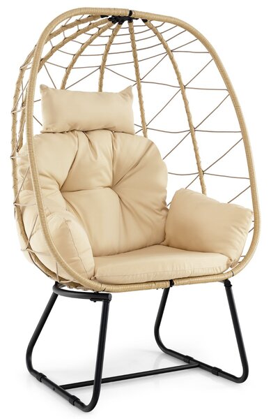 Costway Poltrona in rattan per patio con cuscino rimovibile cuscino per testa e supporto metallico, Sedia sospesa a uovo Beige