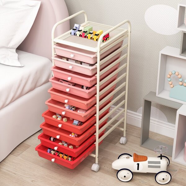 Costway Carrello cassettiera multiuso con 10 cassetti da cucina, Contenitore con ruote a 10 ripiani per bagno Rosa