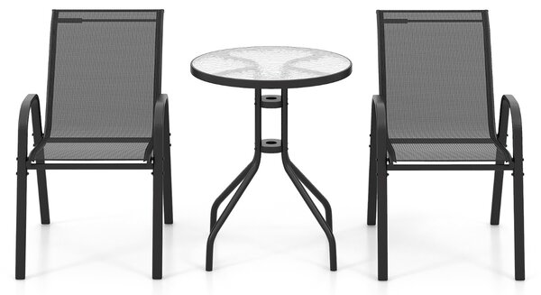Costway Set bistrot da esterno 3 pezzi, Tavolino rotondo con 2 sedie impilabili piano tavolo in vetro temperato Nero