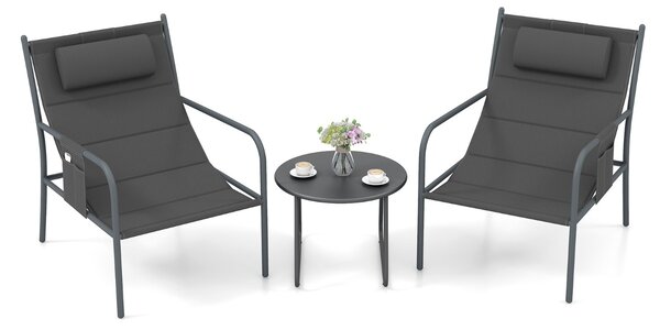Costway Set da bistrot per esterni 3 pezzi con sedile traspirante, Set da sedia e tavolino in metallo Grigio scuro