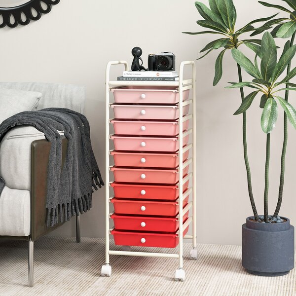 Costway Carrello cassettiera multiuso con 10 cassetti da cucina, Contenitore con ruote a 10 ripiani per bagno Rosa