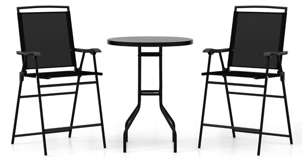 Costway Set di 2 sgabelli da bar da esterno, Arredamento da bistrot con piano tavolo in DPC foro per ombrellone Nero