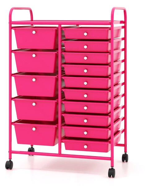 Costway Carrello con 15 cassetti estraibili e ruote con freno, Carrello multiuso per casa ufficio scuola Rosa scuro