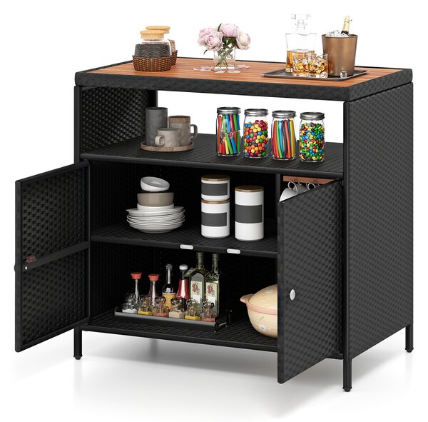 Costway Armadietto portaoggetti in rattan con piano in legno di acacia, Mobile buffet per esterni con armadio a 2 ante Nero