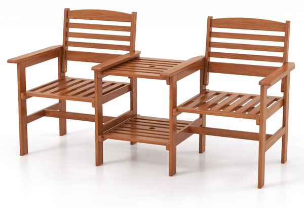 Costway Divano a 2 posti da esterno con tavolo, Set da conversazione in legno con tavolino e foro per ombrellone 159,5x61,5x88cm