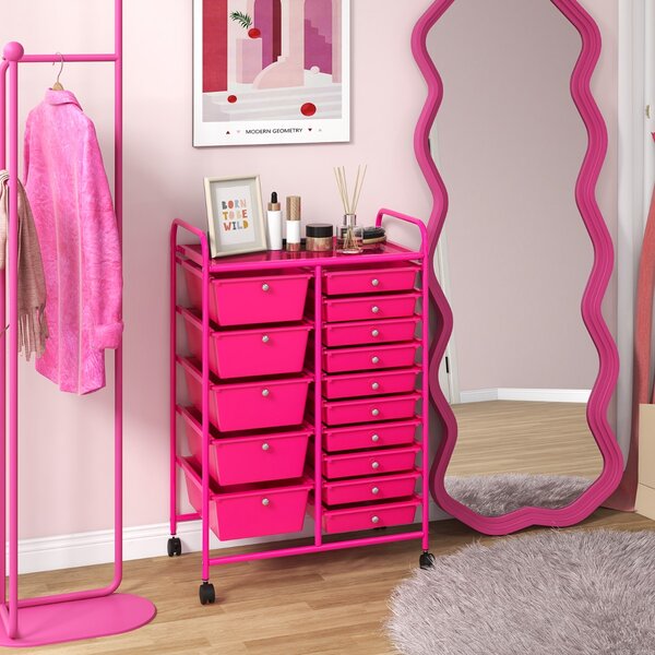 Costway Carrello con 15 cassetti estraibili e ruote con freno, Carrello multiuso per casa ufficio scuola Rosa scuro