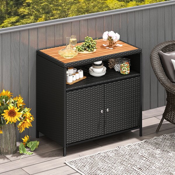 Costway Armadietto portaoggetti in rattan con piano in legno di acacia, Mobile buffet per esterni con armadio a 2 ante Nero