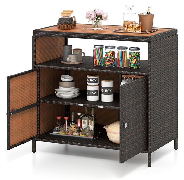 Costway Armadietto portaoggetti in rattan con piano in legno di acacia, Mobile buffet per esterni con armadio a 2 ante Marrone