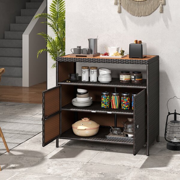 Costway Armadietto portaoggetti in rattan con piano in legno di acacia, Mobile buffet per esterni con armadio a 2 ante Marrone