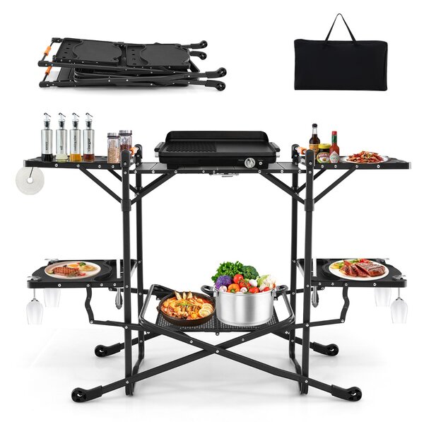 Costway Tavolo da cucina da campeggio con piano in alluminio resistente al calore tavoli laterali, Tavolo pieghevole 135x54x88cm