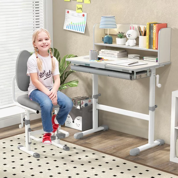 Costway Scrivania da studio per bambini regolabile in altezza con piano inclinabile, Tavolo da scrittura per bambini Grigio