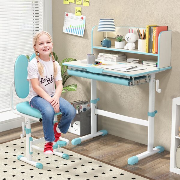 Costway Scrivania da studio per bambini regolabile in altezza con piano inclinabile, Tavolo da scrittura per bambini Blu