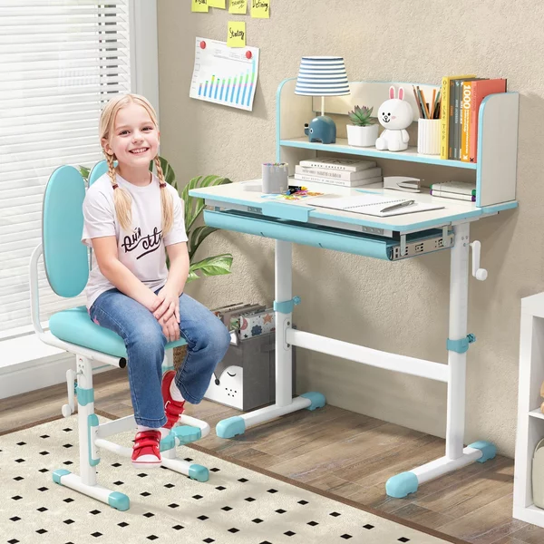 Costway Scrivania da studio per bambini regolabile in altezza con piano inclinabile, Tavolo da scrittura per bambini Blu