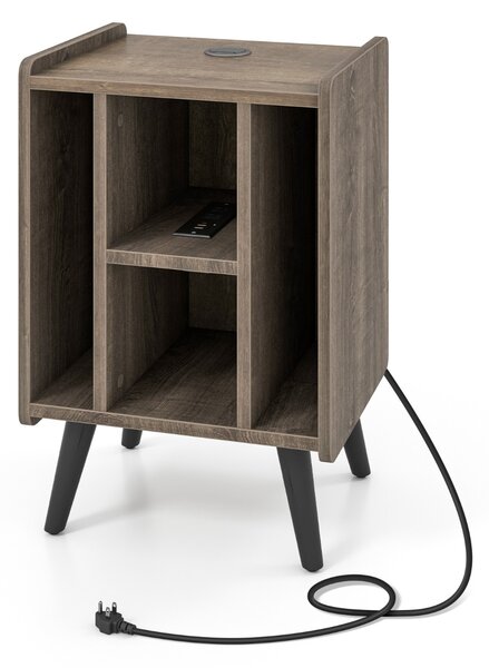 Costway Supporto per giradischi con 4 ripiani aperti presa di corrente e porta USB, Porta vinili con mensole espositive Marrone