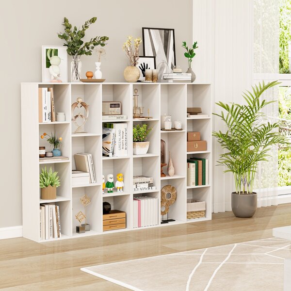 Costway Libreria a 11 cubi multifunzionale con kit anti-ribaltamento per soggiorno, Scaffale moderno geometrico Bianco