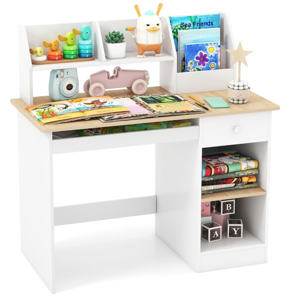 Costway Scrivania da studio in legno per bambini e adolescenti, Postazione per computer con vetrina libreria cassetto Naturale