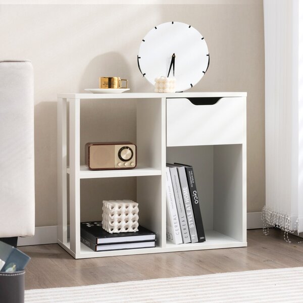 Costway Scaffale di stoccaggio espositivo in legno a 2 livelli per soggiorno, Libreria a 3 cubi con cassetto estraibile Bianco