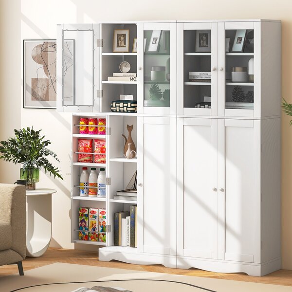 Costway Mobile dispensa da cucina alto 161,5cm con ante in vetro ripiani di stoccaggio, Armadio dispensa per alimenti Bianco