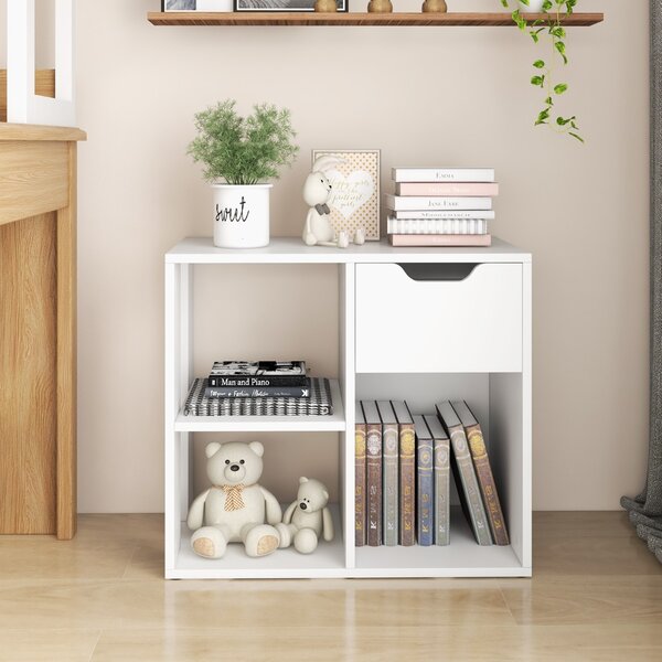 Costway Scaffale di stoccaggio espositivo in legno a 2 livelli per soggiorno, Libreria a 3 cubi con cassetto estraibile Bianco