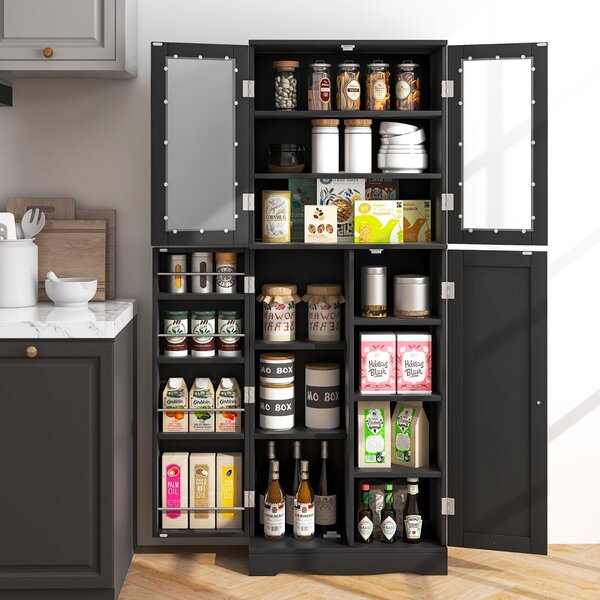 Costway Mobile dispensa da cucina alto 161,5cm con ante in vetro ripiani di stoccaggio, Armadio dispensa per alimenti Nero