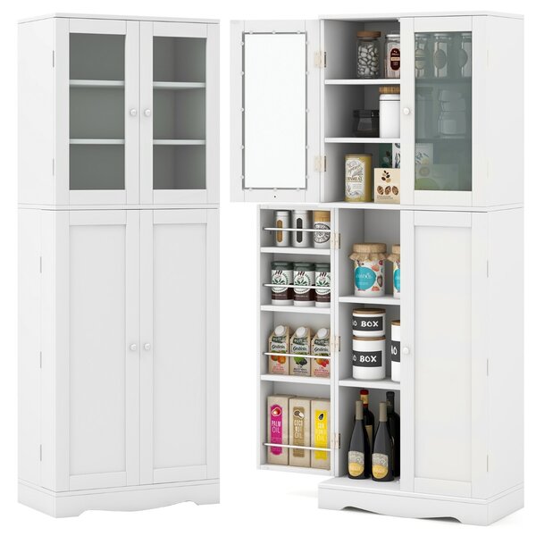 Costway Mobile dispensa da cucina alto 161,5cm con ante in vetro ripiani di stoccaggio, Armadio dispensa per alimenti Bianco