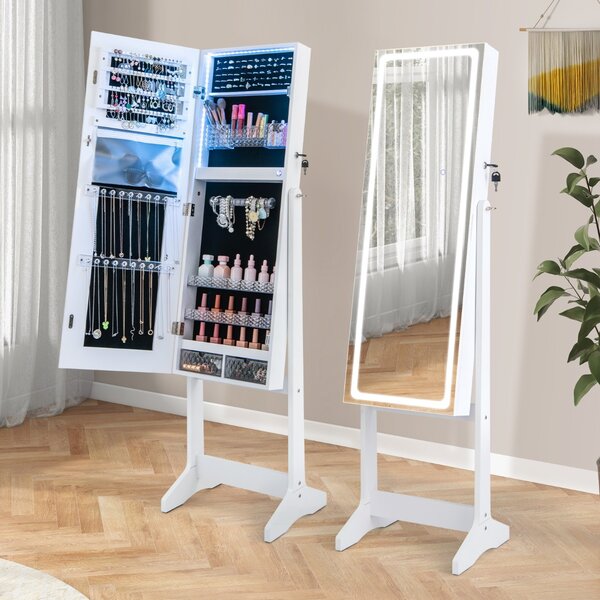 Costway Armadio portagioie in piedi con luci LED specchio a figura intera, Armadio portagioie con 3 angoli regolabili Bianco