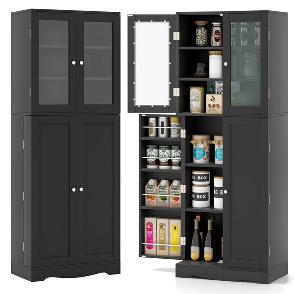 Costway Mobile dispensa da cucina alto 161,5cm con ante in vetro ripiani di stoccaggio, Armadio dispensa per alimenti Nero