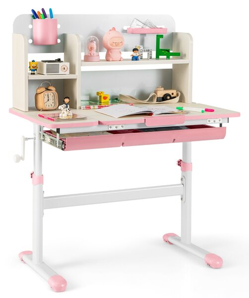 Costway Scrivania per studio dei bambini regolabile in altezza con piano inclinabile, Tavolo per bambini 3-12 anni Rosa