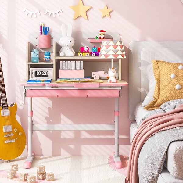 Costway Scrivania per studio dei bambini regolabile in altezza con piano inclinabile, Tavolo per bambini 3-12 anni Rosa