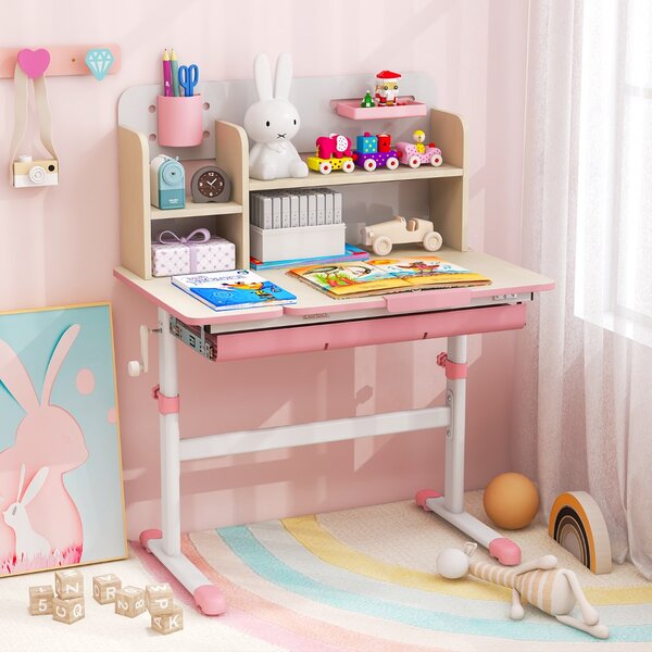 Costway Scrivania per studio dei bambini regolabile in altezza con piano inclinabile, Tavolo per bambini 3-12 anni Rosa