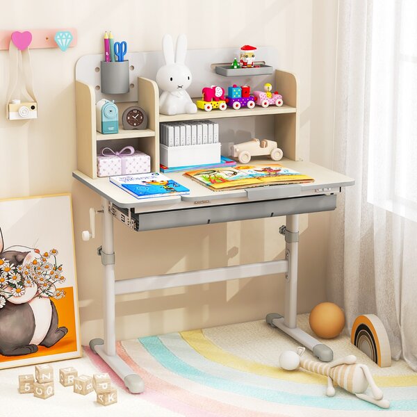 Costway Scrivania per studio dei bambini regolabile in altezza con piano inclinabile, Tavolo per bambini 3-12 anni Grigio