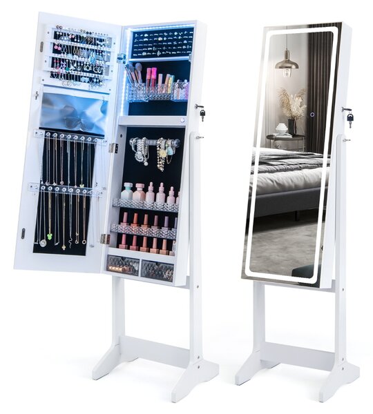 Costway Armadio portagioie in piedi con luci LED specchio a figura intera, Armadio portagioie con 3 angoli regolabili Bianco