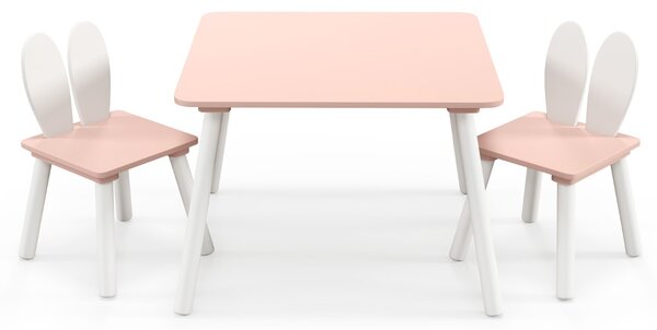Costway Set tavolo sedie per bambini 3 pezzi per arte, Tavolo e 2 sedie a coniglio gambe in legno massiccio Rosa