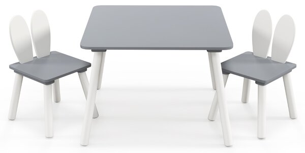 Costway Set tavolo sedie per bambini 3 pezzi per arte, Tavolo e 2 sedie a coniglio gambe in legno massiccio Grigio