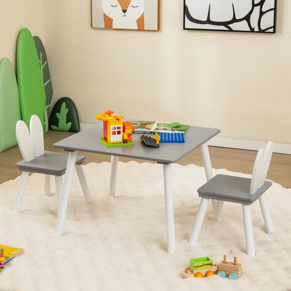 Costway Set tavolo sedie per bambini 3 pezzi per arte, Tavolo e 2 sedie a coniglio gambe in legno massiccio Grigio