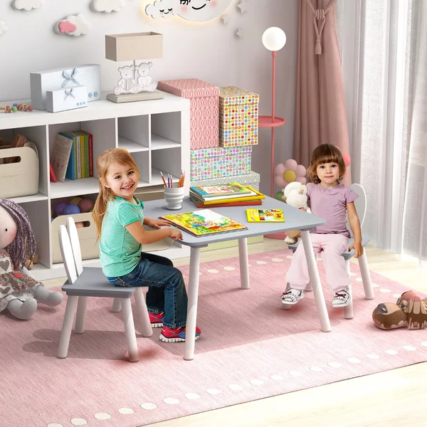 Costway Set tavolo sedie per bambini 3 pezzi per arte, Tavolo e 2 sedie a coniglio gambe in legno massiccio Grigio