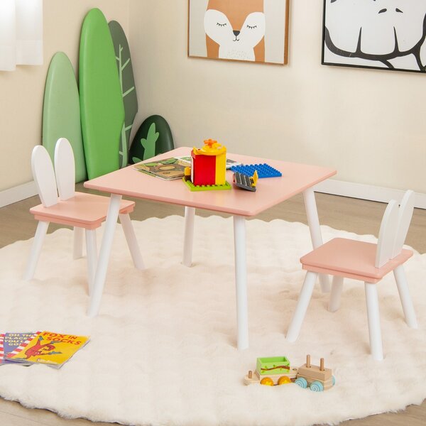 Costway Set tavolo sedie per bambini 3 pezzi per arte, Tavolo e 2 sedie a coniglio gambe in legno massiccio Rosa