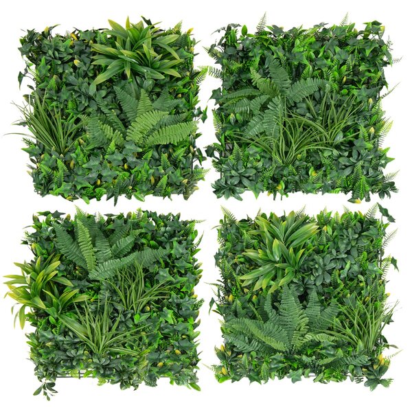 Costway 4 Tappetini erbosi finti artificiali da 50x50cm con foglie diverse, Pannelli di muro di erba per protezione dal sole