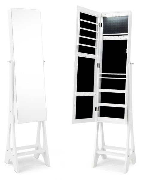 Costway Armadio portagioie con specchio indipendente, Armadietto per gioielli con luci LED incorporate e ripiano inferiore Bianco