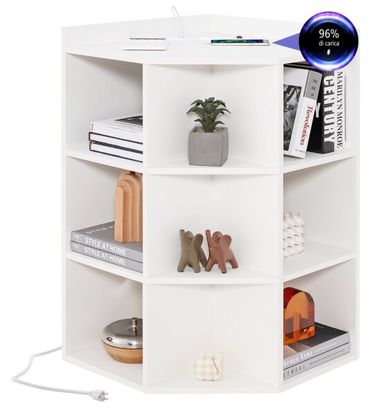Costway Mobile ad angolo a 3 livelli con stazione di ricarica, Libreria angolare in legno con 2 porte USB e 4 prese Bianco
