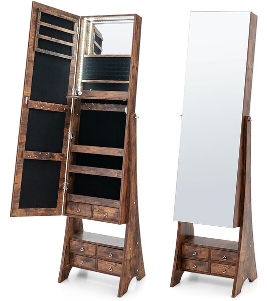Costway Armadio portagioie con specchio a figura intera luci LED mensola per trucco pieghevole, Armadietto per gioielli Marrone