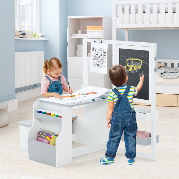 Costway Set tavolo e panca per bambini con cavalletto regolabile a doppia faccia, Centro artistico in legno 114x81x100cm Grigio chiaro