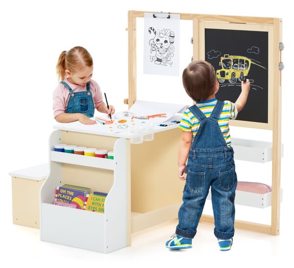 Costway Set tavolo e panca per bambini con cavalletto regolabile a doppia faccia, Centro artistico in legno 114x81x100cm Bianco