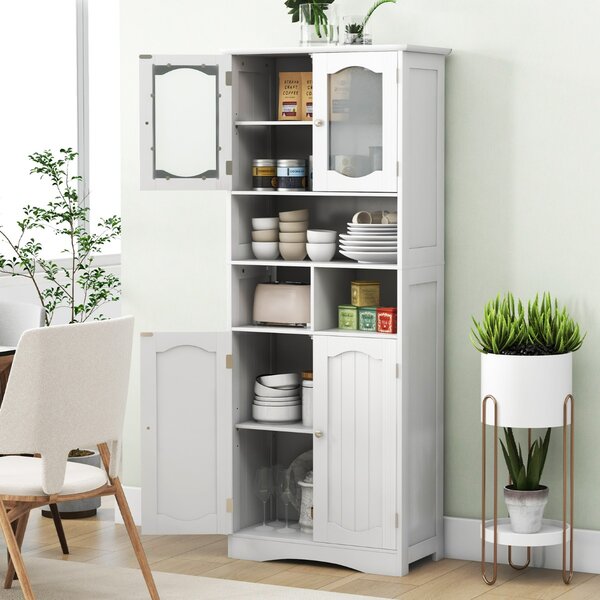 Costway Mobile da bagno alto 148,5cm con porte in vetro satinato e ripiani, Mobile autonomo per cucina soggiorno ufficio Bianco