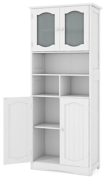 Costway Mobile da bagno alto 148,5cm con porte in vetro satinato e ripiani, Mobile autonomo per cucina soggiorno ufficio Bianco