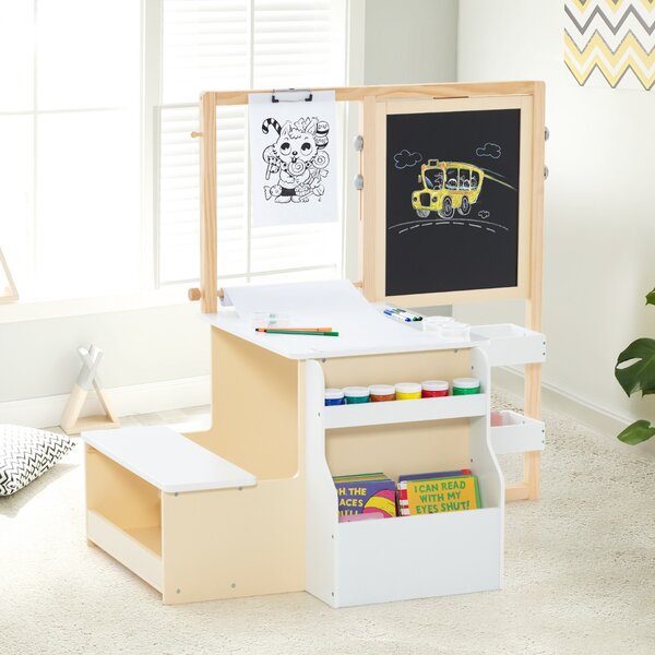 Costway Set tavolo e panca per bambini con cavalletto regolabile a doppia faccia, Centro artistico in legno 114x81x100cm Bianco
