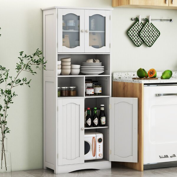 Costway Mobile da bagno alto 148,5cm con porte in vetro satinato e ripiani, Mobile autonomo per cucina soggiorno ufficio Bianco