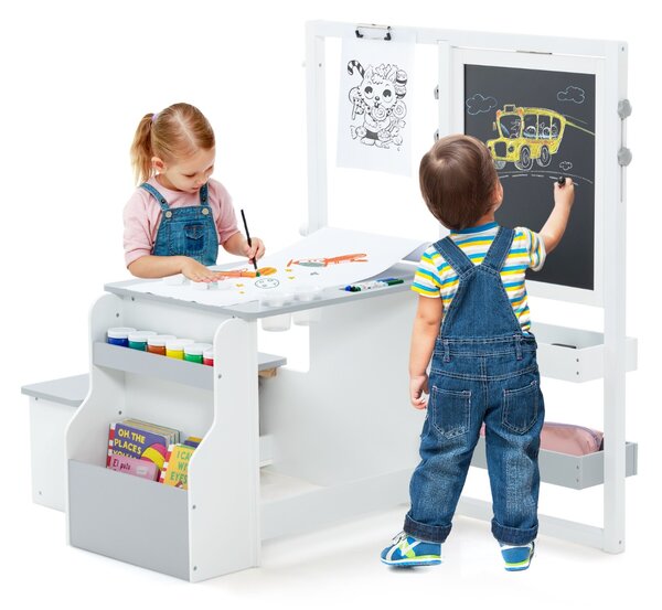 Costway Set tavolo e panca per bambini con cavalletto regolabile a doppia faccia, Centro artistico in legno 114x81x100cm Grigio chiaro