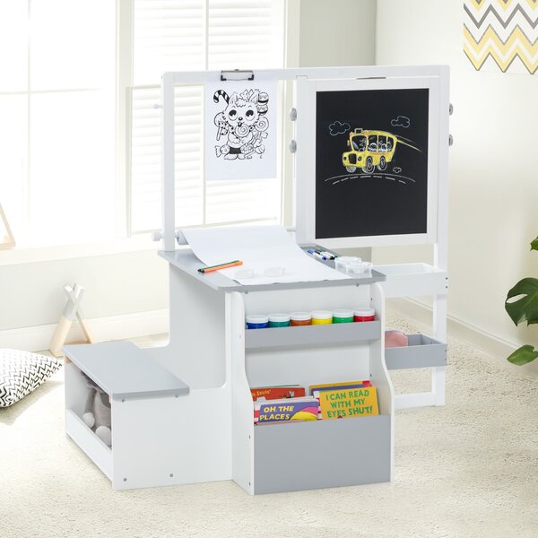 Costway Set tavolo e panca per bambini con cavalletto regolabile a doppia faccia, Centro artistico in legno 114x81x100cm Grigio chiaro