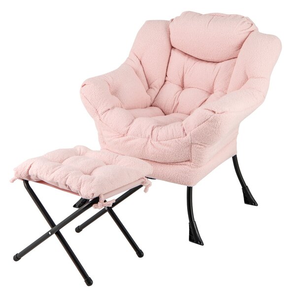 Costway Poltrona con poggiapiedi pieghevole cuscino per la testa braccioli, Poltrona imbottita con poggiapiedi Rosa